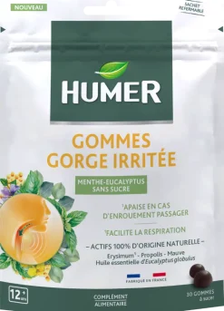 Gommes gorge irritée Menthe-eucalyptus sans sucre Humer - sachet de 30 gommes