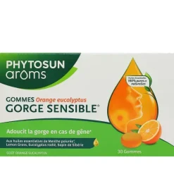 Gorge sensible goût orange eucalyptus Phytosun Arôms- boite de 30 gommes