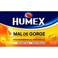 Humex mal de gorge lidocaïne miel citron – 24 pastilles