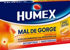 Humex mal de gorge lidocaïne miel citron sans sucre – 24 pastilles