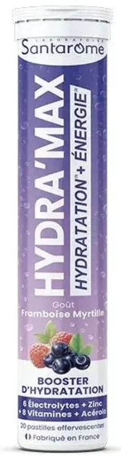 Hydra'max solution d'hydratation arôme framboise myrtille Santarome - 20 pastilles effervescentes