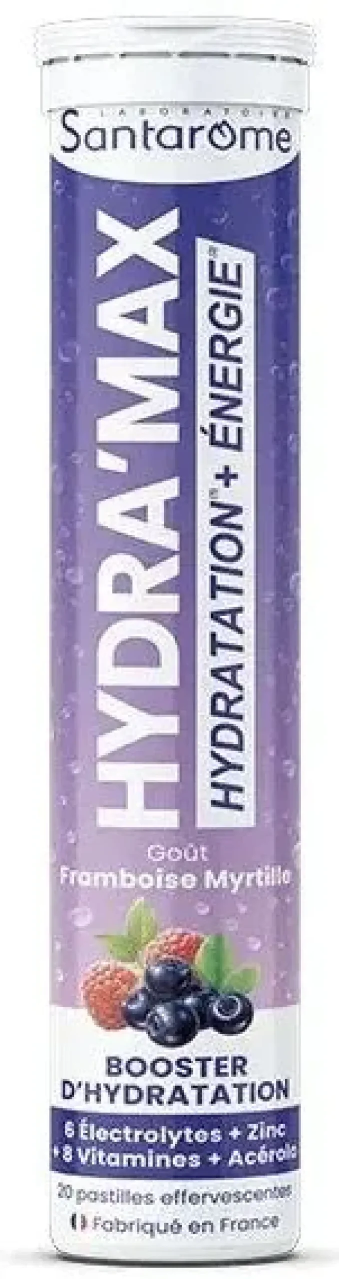 Hydra'max solution d'hydratation arôme framboise myrtille Santarome - 20 pastilles effervescentes