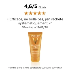 Idéal soleil spf 50+ émulsion anti-brillance toucher sec Vichy - tube de 50 ml