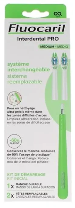 Interdental Pro Système interchangeable médium Kit de démarrage Fluocaril - boîte de 1 manche durable + 2 têtes remplaçables