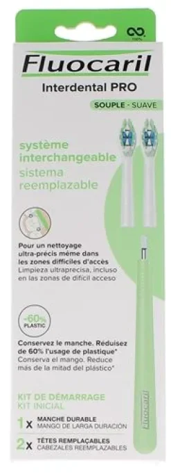Interdental Pro Système interchangeable souple Kit de démarrage Fluocaril - boîte de 1 manche durable + 2 têtes remplaçables