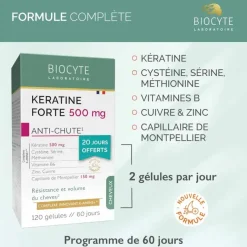 Keratine forte 500mg anti-chute Biocyte - boite de 120 gélules