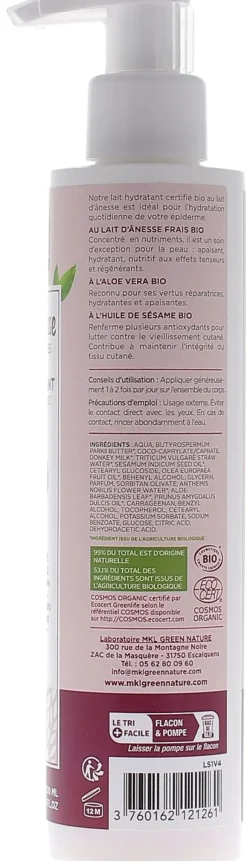 Lait d'Anêsse lait hydratant corps & mains bio MKL Green Nature - flacon-pompe de 200 ml