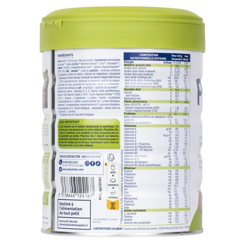 Lait en poudre bio 1re âge croissance 0 à 6 mois Physiolac - pot de 800 g