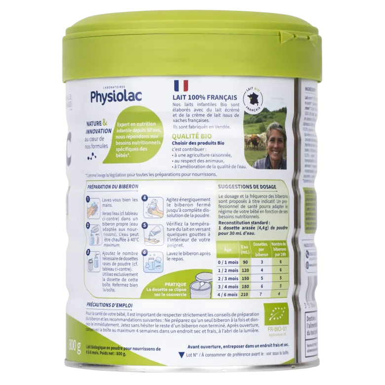 Lait en poudre bio 1re âge croissance 0 à 6 mois Physiolac - pot de 800 g