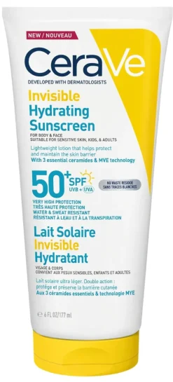 Lait solaire invisible hydratant SPF50+ haute protection visage et corps CeraVe