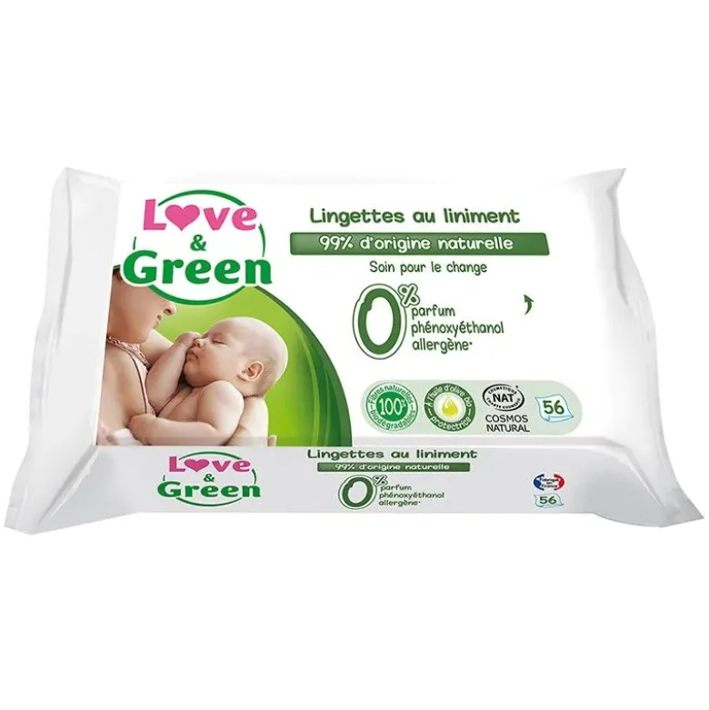 Lingettes au liniment spécial change bébé Love & Green - sachet de 56 lingettes