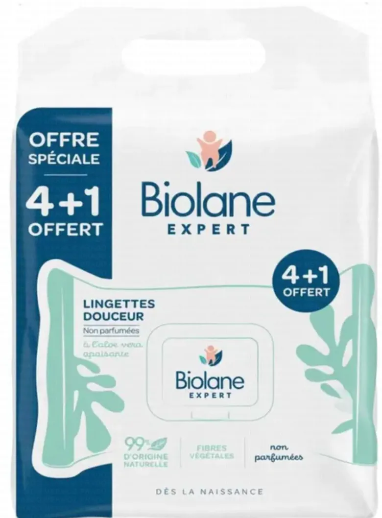Lingettes douceur non parfumées Biolane - 4 + 1 offert