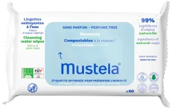 Lingettes nettoyantes compostables sans parfum Mustela - sachet de 60 lingettes