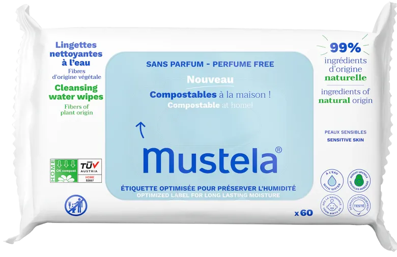 Lingettes nettoyantes compostables sans parfum Mustela - sachet de 60 lingettes