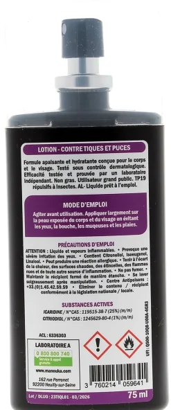 Lotion contre tiques et puces 6h d'efficacité Manouka - spray de 75 ml