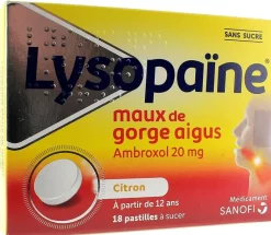 Lysopaïne sans sucre maux de gorge citron 20 mg – 18 pastilles