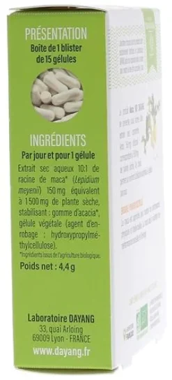 Maca bio vigueur sexuelle et énergie Dayang - boîte de 15 gélules végétales