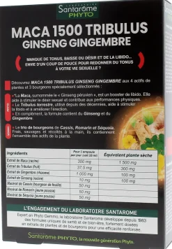 Maca 1500 tribulus ginseng gingembre Tonus sexuel Santarome - boîte de 20 ampoules