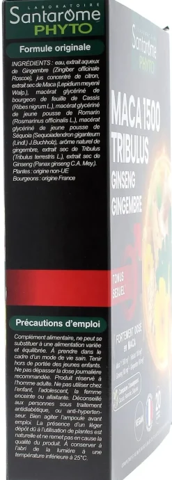Maca 1500 tribulus ginseng gingembre Tonus sexuel Santarome - boîte de 20 ampoules