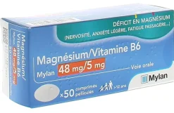Magnésium vitamine B6 Mylan 48 mg/5 mg – 50 comprimés pelliculés
