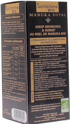 Manuka Royal Sirop bronches & gorge au Miel de Manuka bio Santarome - flacon de 125 ml