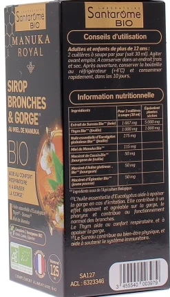 Manuka Royal Sirop bronches & gorge au Miel de Manuka bio Santarome - flacon de 125 ml