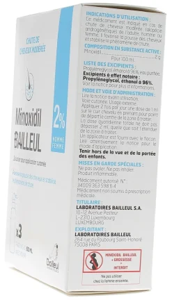 Minoxidil Bailleul 2 % application cutanée – 3 flacons de 60 ml