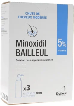 Minoxidil Bailleul 5% solution pour application cutanée Homme - 3 flacons de 60ml