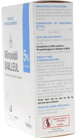 Minoxidil Bailleul 5% solution pour application cutanée Homme - 3 flacons de 60ml