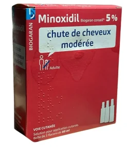 Minoxidil 5% Biogaran chute de cheveux modérée – 3 flacons de 60 ml