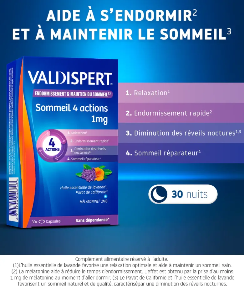 Mélatonine 1 mg 4 actions Valdispert - boite de 30 capsules liquides