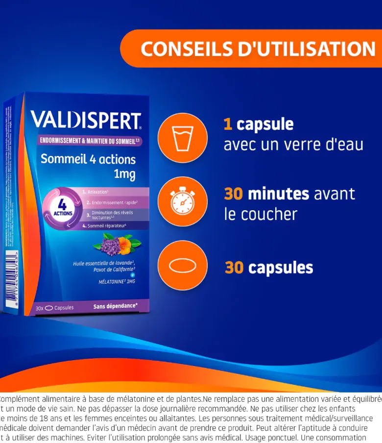 Mélatonine 1 mg 4 actions Valdispert - boite de 30 capsules liquides