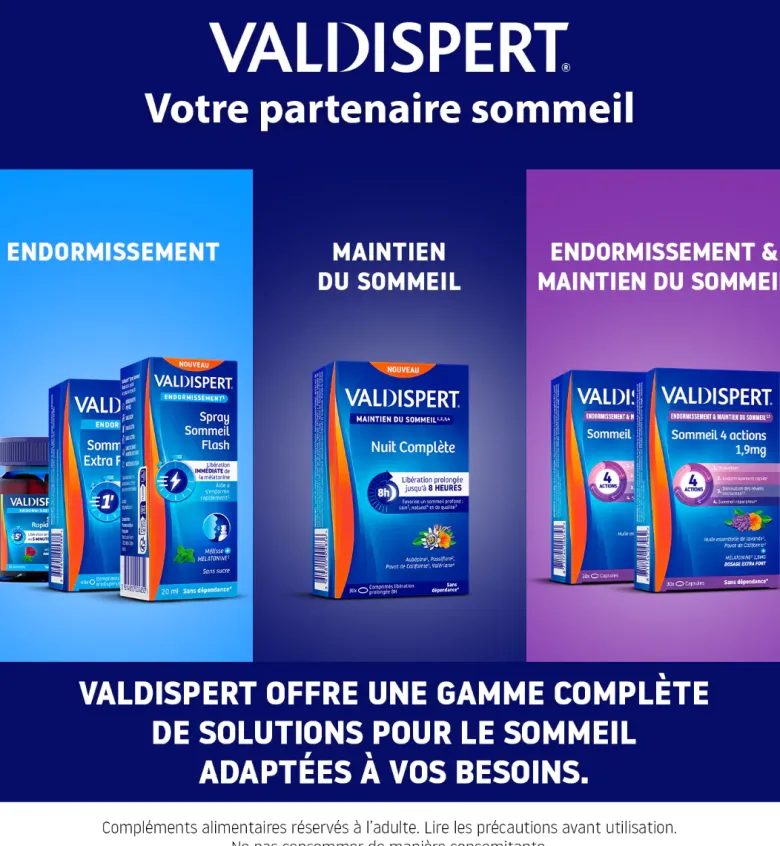 Mélatonine 1 mg 4 actions Valdispert - boite de 30 capsules liquides