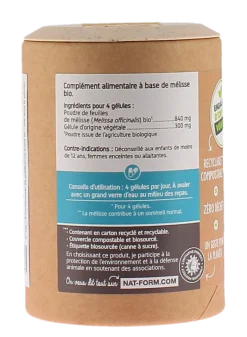 Mélisse bio Sommeil Nat&Form - pot de 90 gélules