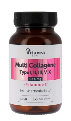 Multi collagène type I, II, II, V, X 1000mg Vitavea - pot de 50 comprimés