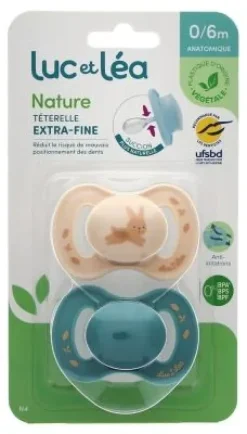 Nature sucettes anatomiques téterelle extra-fine 0-6 mois lapin & bleu Luc et Léa - lot de 2 sucettes