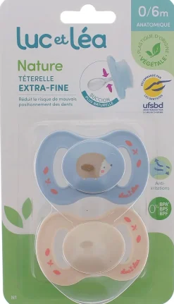 Nature sucettes anatomiques téterelle extra-fine 0-6 mois hérisson & beige Luc et Léa - lot de 2 sucettes