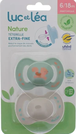 Nature sucettes anatomiques téterelle extra-fine 6-18 mois & Luc et Léa - lot de 2 sucettes