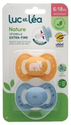 Nature sucettes anatomiques téterelle extra-fine 6-18 mois & Luc et Léa - lot de 2 sucettes