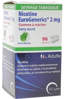 Nicotine EuroGenerics 2mg sans sucre arôme menthe - boîte de 96 gommes à mâcher