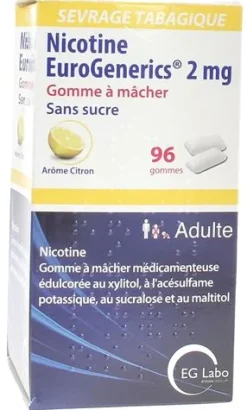 Nicotine EuroGenerics 2mg sans sucre arôme citron – 96 gommes à mâcher