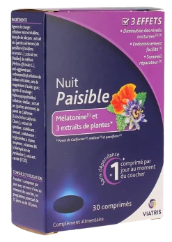 Nuit paisible mélatonine et 3 extraits de plantes Viatris - boite de 30 comprimés