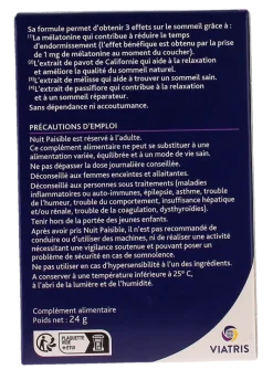 Nuit paisible mélatonine et 3 extraits de plantes Viatris - boite de 30 comprimés