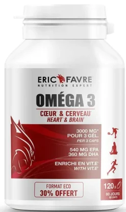 Oméga 3 coeur et cerveau Eric Favre - pot de 120 capsules 30% offert