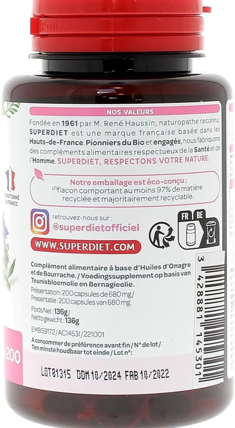 Onagre bourrache Super Diet - boite de 200 capsules