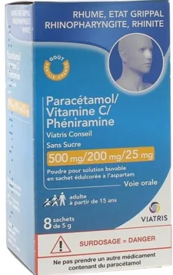 Paracétamol Vitamine C Phéniramine sans sucre Mylan – 8 sachets de 5 g