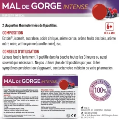 Pastilles mal de gorge intense goût fruits rouges Granions - boite de 16 pastilles à sucer