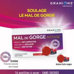 Pastilles mal de gorge intense goût fruits rouges Granions - boite de 16 pastilles à sucer