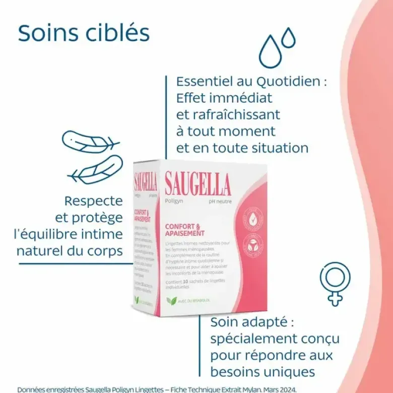 Poligyn lingettes intimes Saugella - boite de 10 lingettes individuelles