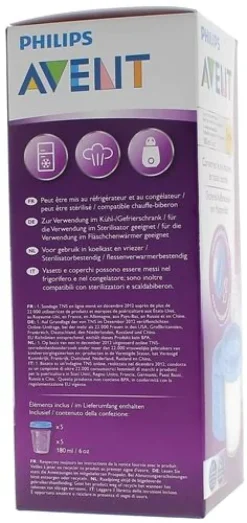 Pots de conservation lait maternel réutilisables 0 mois et + Avent - boîte de 5 pots de 180 ml